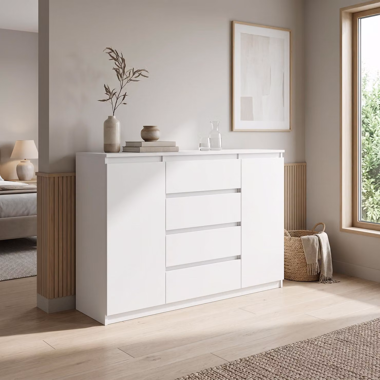 Comodà Masseno NUDO da 120 cm con 4 cassetti e 2 ante per soggiorno e camera da letto, stile moderno, 120x39x101,5 cm, bianco / bianco
