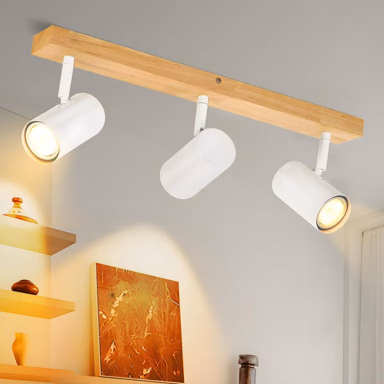 Lampada a soffitto in legno, 3 luci, attacco GU10, orientabile e inclinabile