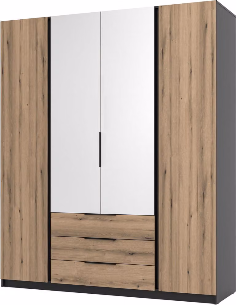 Armadio ad ante battenti Masseno CAGLIARI 200/239/61,9 cm Armadio a 4 ante per camera da letto Armadio con specchio Nero