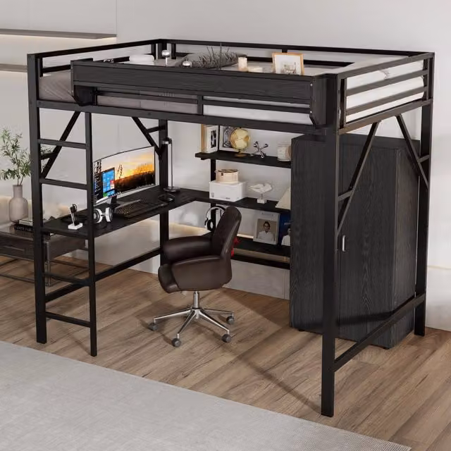 Letto a soppalco per bambini 140 × 200 cm con scrivania, armadio e ripiano, senza materasso, nero in metallo e MDF