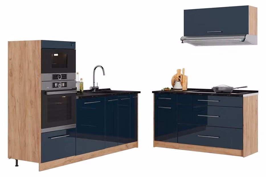 Cucina Vicco Fame-Line Blu scuro lucido/Rovere dorato 340 cm, PL Antracite, Model 65727