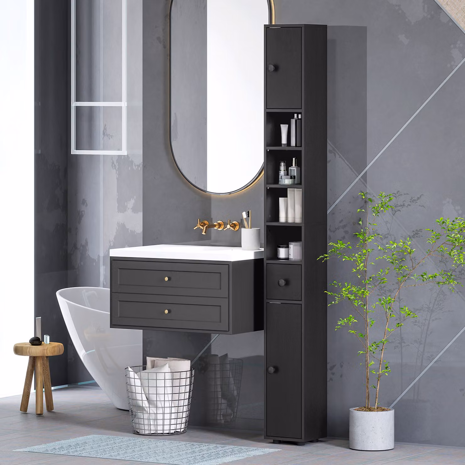 Armadio da bagno stretto kleankin con scomparti aperti e 2 armadietti, Nero, L/P/H: 20 x 20 x 180 cm – 2