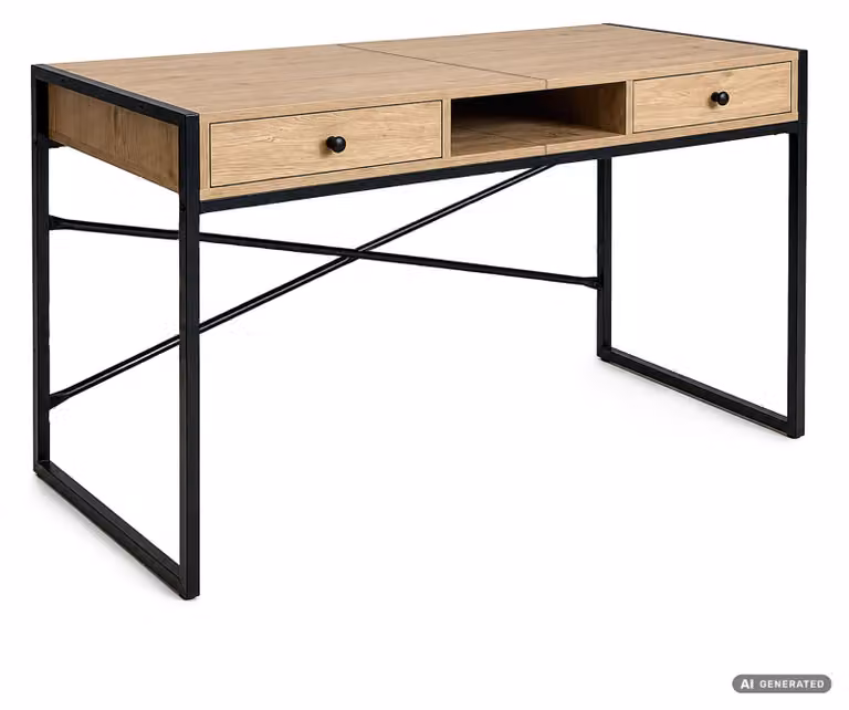 Scrivania industriale per computer Rovere Artisan ELONIS 123 cm 2 cassetti 1 ripiano gambe nere