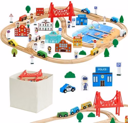 Set Ferrovia VEVOR con Ponte e Tunnel, Giocattolo Trenino in Legno Multicolore con 113 Pezzi e Contenitore, Compatibile con le Principali Marche