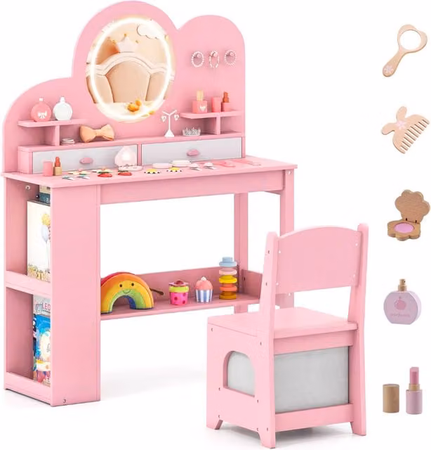 Set toeletta per bambini con sedia, 2 cassetti, libreria a 2 ripiani e luci LED, design moderno in MDF rosa
