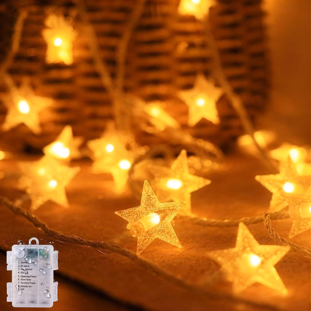 Catena luminosa con stelle, 6 metri, 40 LED, alimentata a batteria, luce bianco caldo