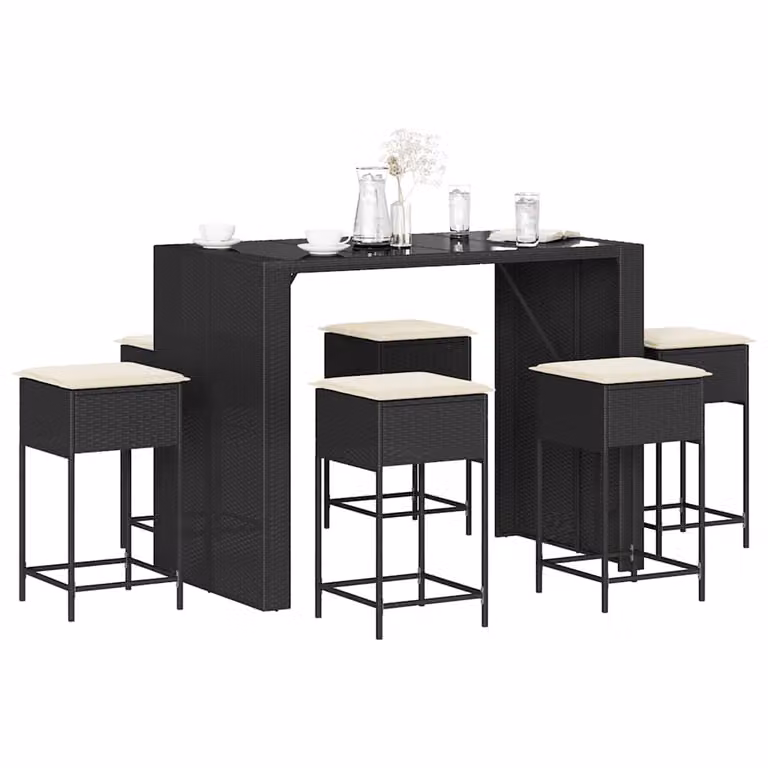 vidaXL Set Bar da Giardino 7 pz in Polyrattan Nero con Piano in Vetro