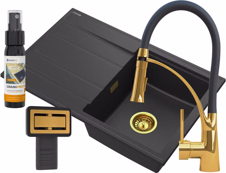 Granitan - Lavabo da appoggio - Nero - con rubinetteria e gruppo di scarico dorati e accessori - Lavabo - TIMOR