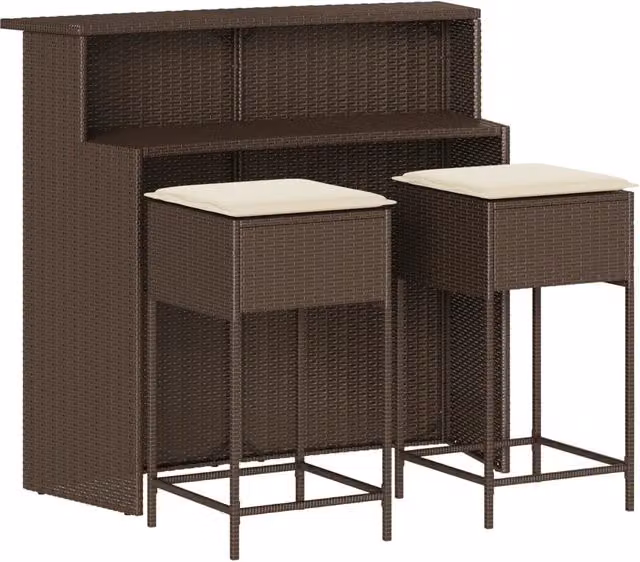 Set Bar da Giardino 3 pz | Set Salotto da Giardino con Cuscini in Polyrattan Marrone