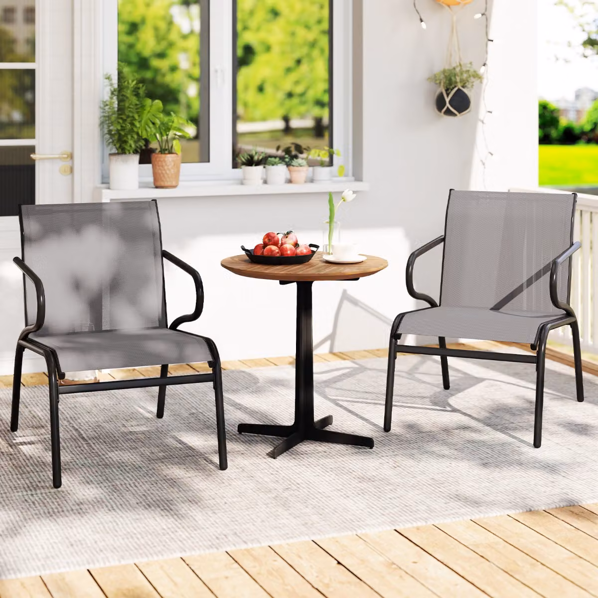Set di 2 sedie da bistro moderne Costway con braccioli in metallo e tessuto traspirante textilene, colore grigio