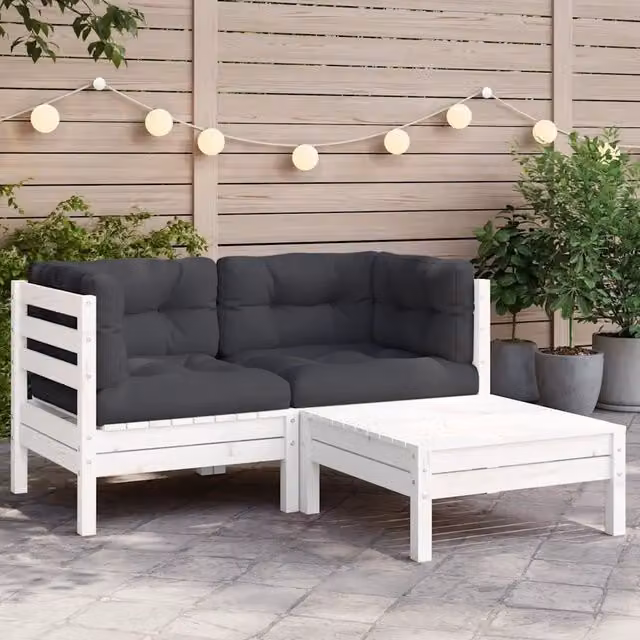 Set di Divani da Giardino a L vidaXL in Legno di Pino con Cuscini Bianchi e Antracite