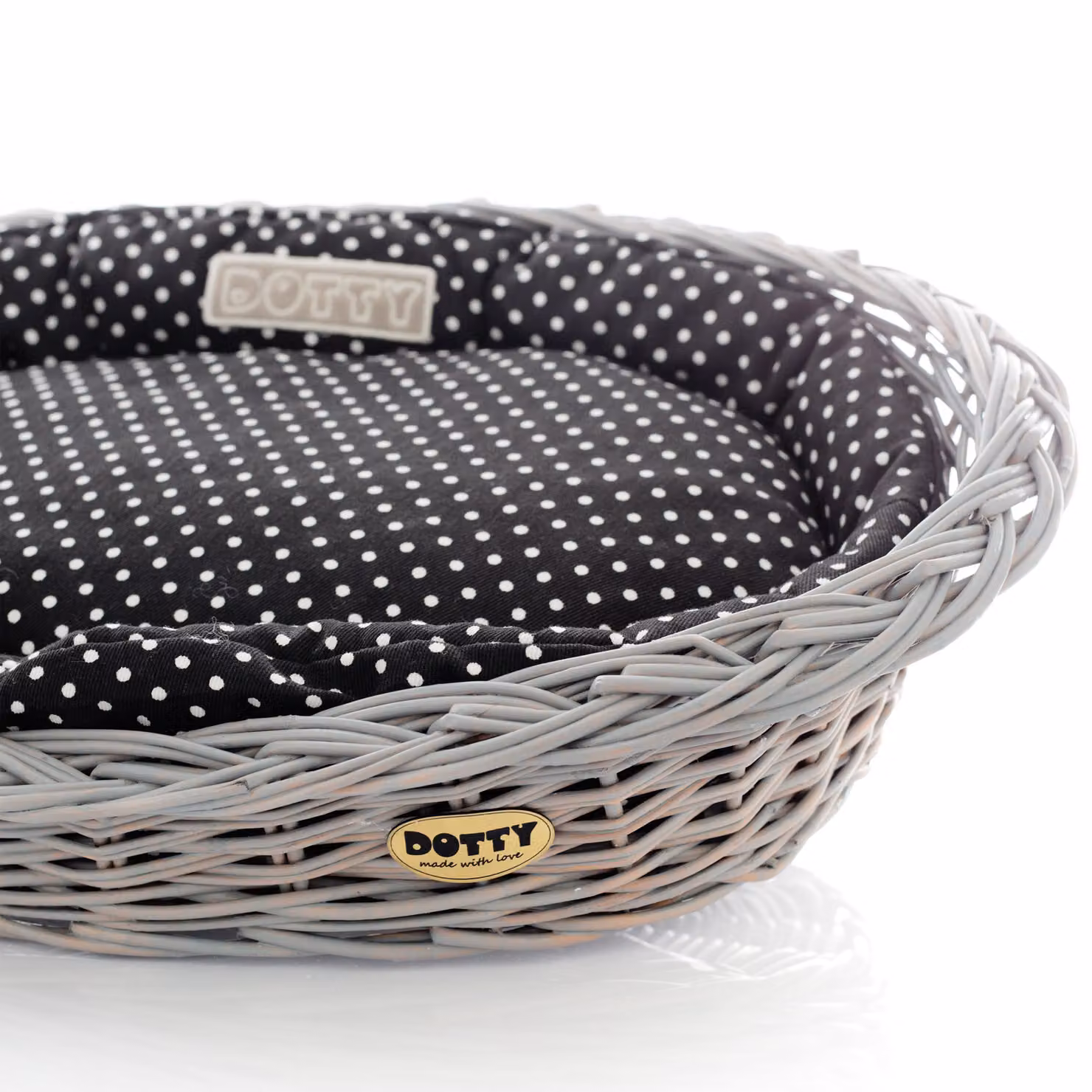 Cesto di vimini grigio dipinto a mano Cesto vichingo con cuccia in cotone - Nero a pois bianchi - Lavabile e morbido - DOTTY