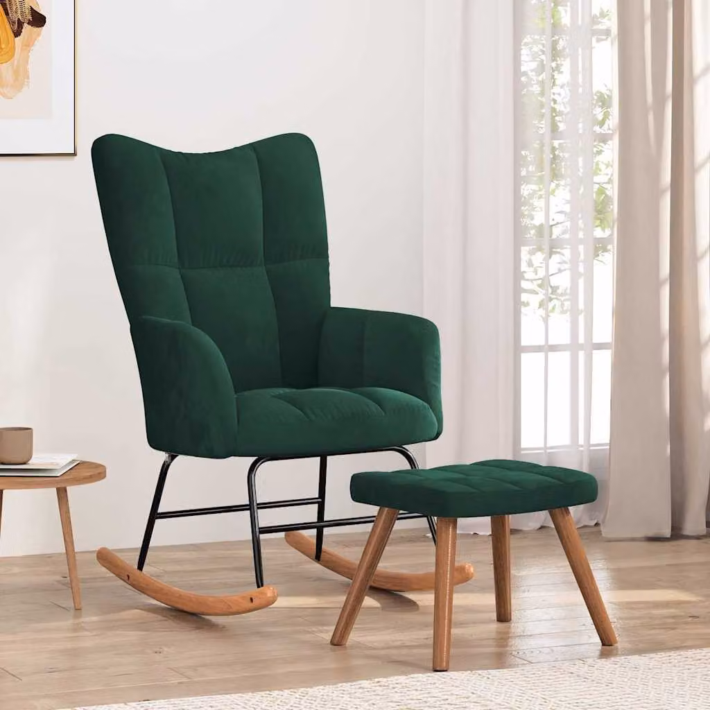 vidaXL Poltrona a Dondolo con Poggiapiedi in Velluto Verde con Struttura in Legno e Metallo – 1