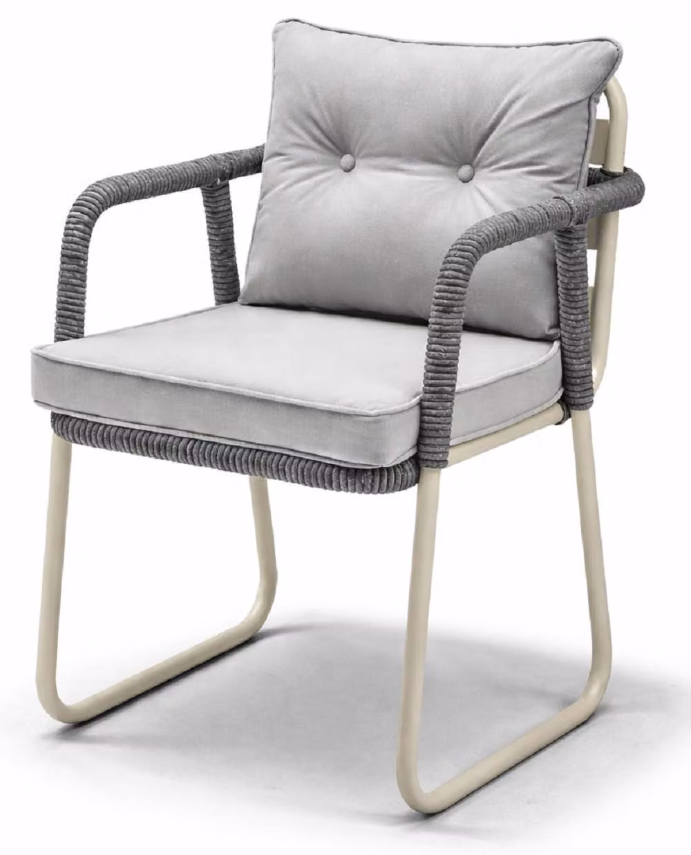 Elegante sedia da giardino grigia, con robusta struttura in metallo e imbottitura