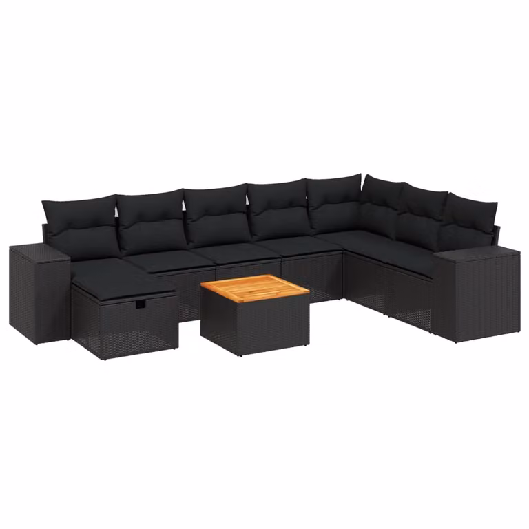 Set Divani da Giardino 9 pz con Cuscini Nero in Polyrattan