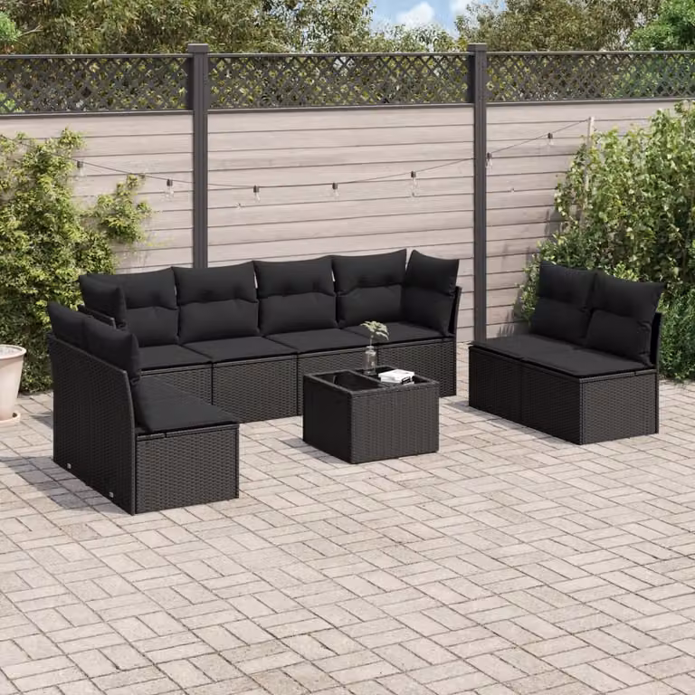 Set Divani da Giardino vidaXL 9 pz a L con Cuscini Nero e Tavolino da Caffè in Polyrattan e Acciaio