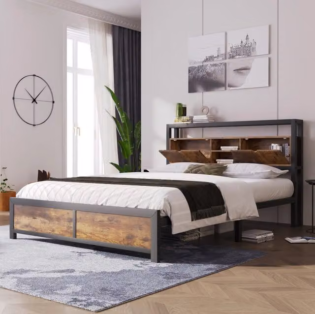 Letto matrimoniale 140x200 cm; testiera contenitore; metallo e MDF; colore naturale (Senza materasso)
