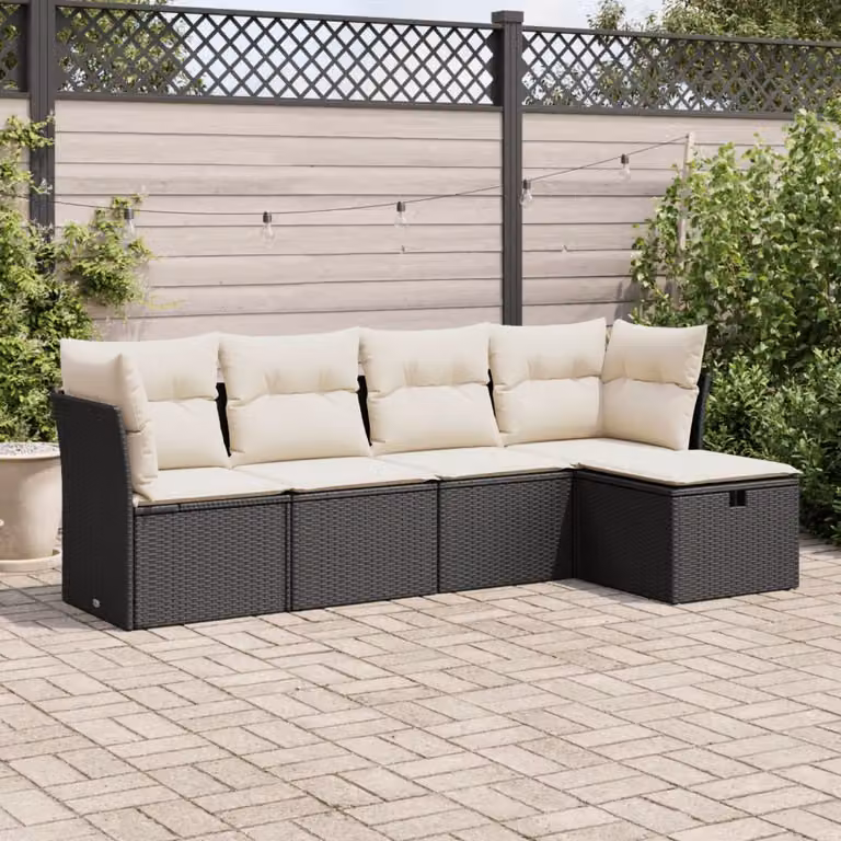 Set di divani da giardino vidaXL a forma di L composto da 5 pezzi in polyrattan nero con cuscini inclusi