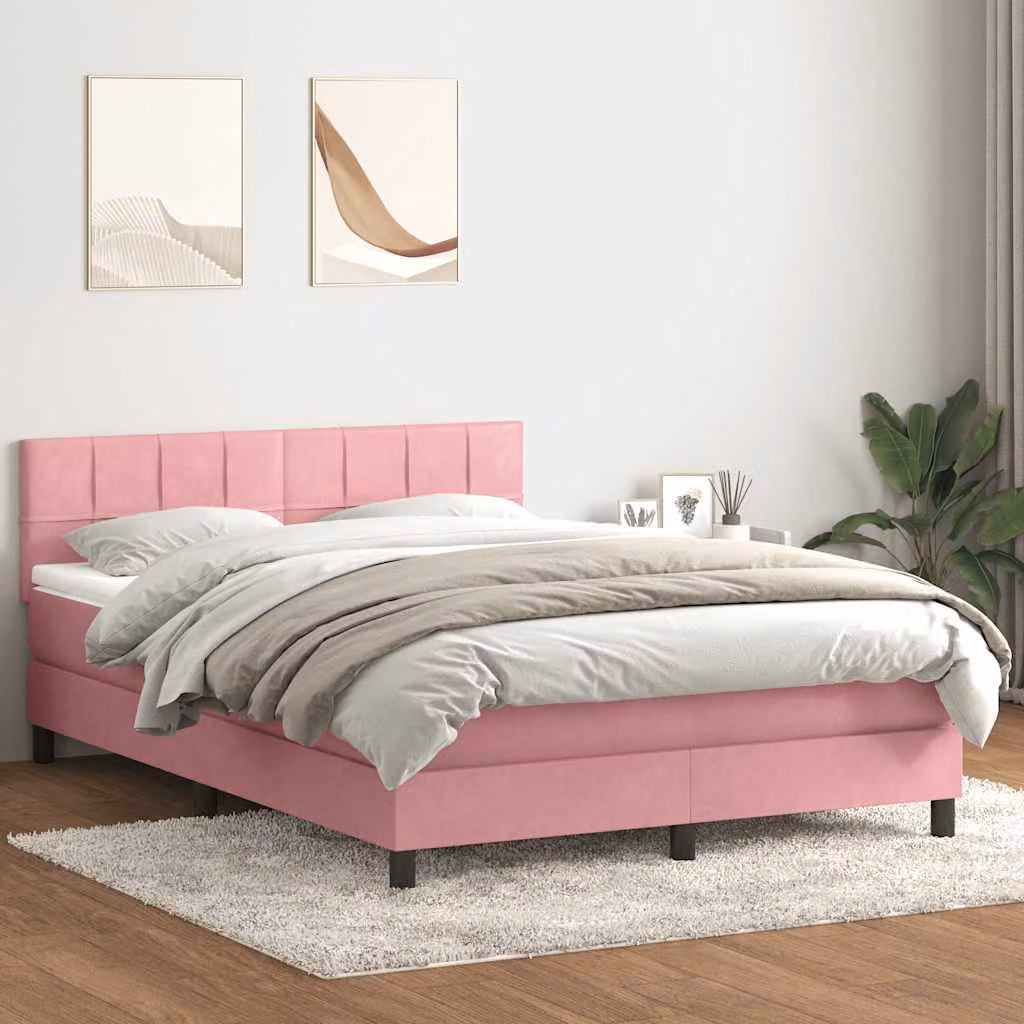 Letto con Giroletto a Molle e Materasso Ibrido vidaXL in Velluto Rosa e Bianco L: 144 cm, P: 213 cm, H: 88 cm