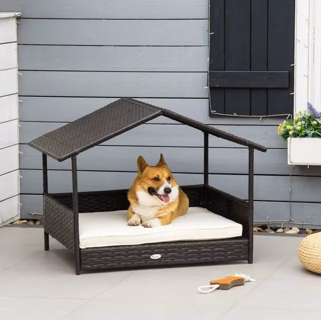 Cuccia per cani ULEVR 98x69x73 cm in rattan PE marrone con tetto e cuscino imbottito