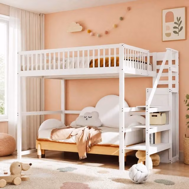 Letto a soppalco 140x200 cm bianco in legno con scala, armadio e 15 doghe