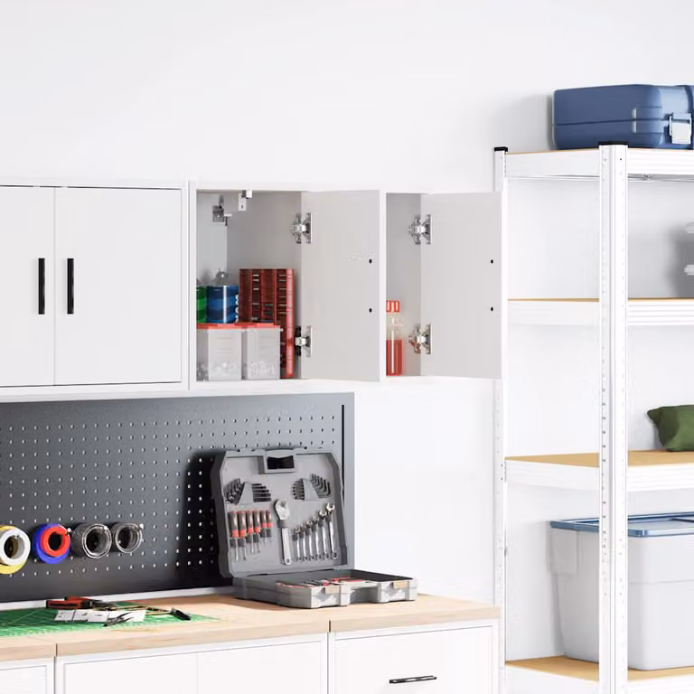 Set di 2 pensili da garage vidaXL bianchi in legno e MDF con ante a battente e ripiani interni