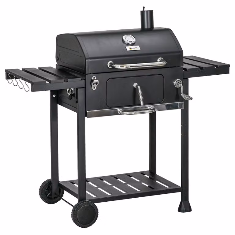 Griglia a carbone per barbecue, con affumicatore, inclusa una termometro e un apriscatole, dimensioni 120 x 64 x 114 cm, colore nero