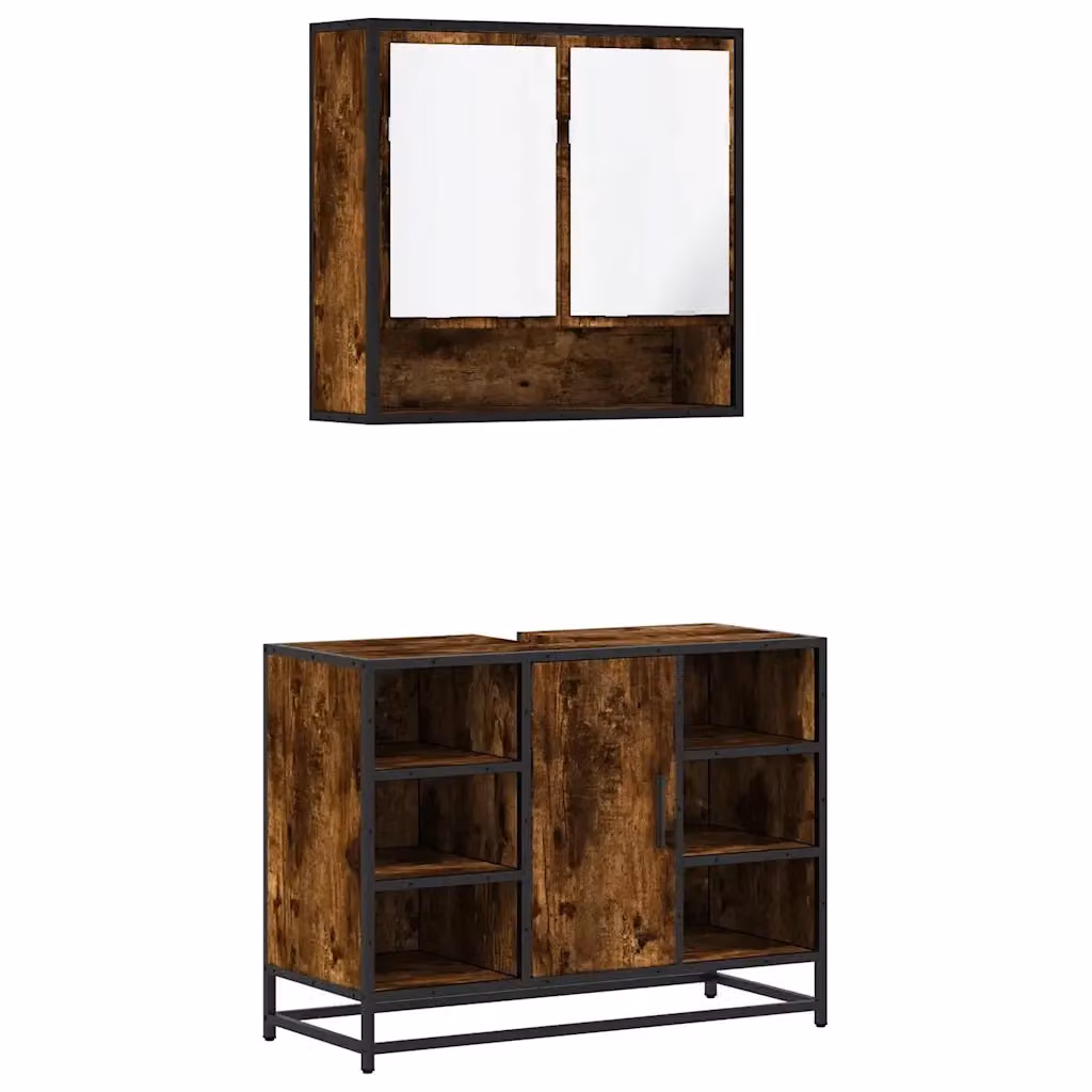 Set Mobili da Bagno Industrial vidaXL in Legno e Metallo Marrone con Mobileto Specchio e Mobile Lavabo L/P/H: 80 x 60 x 33 cm – 2