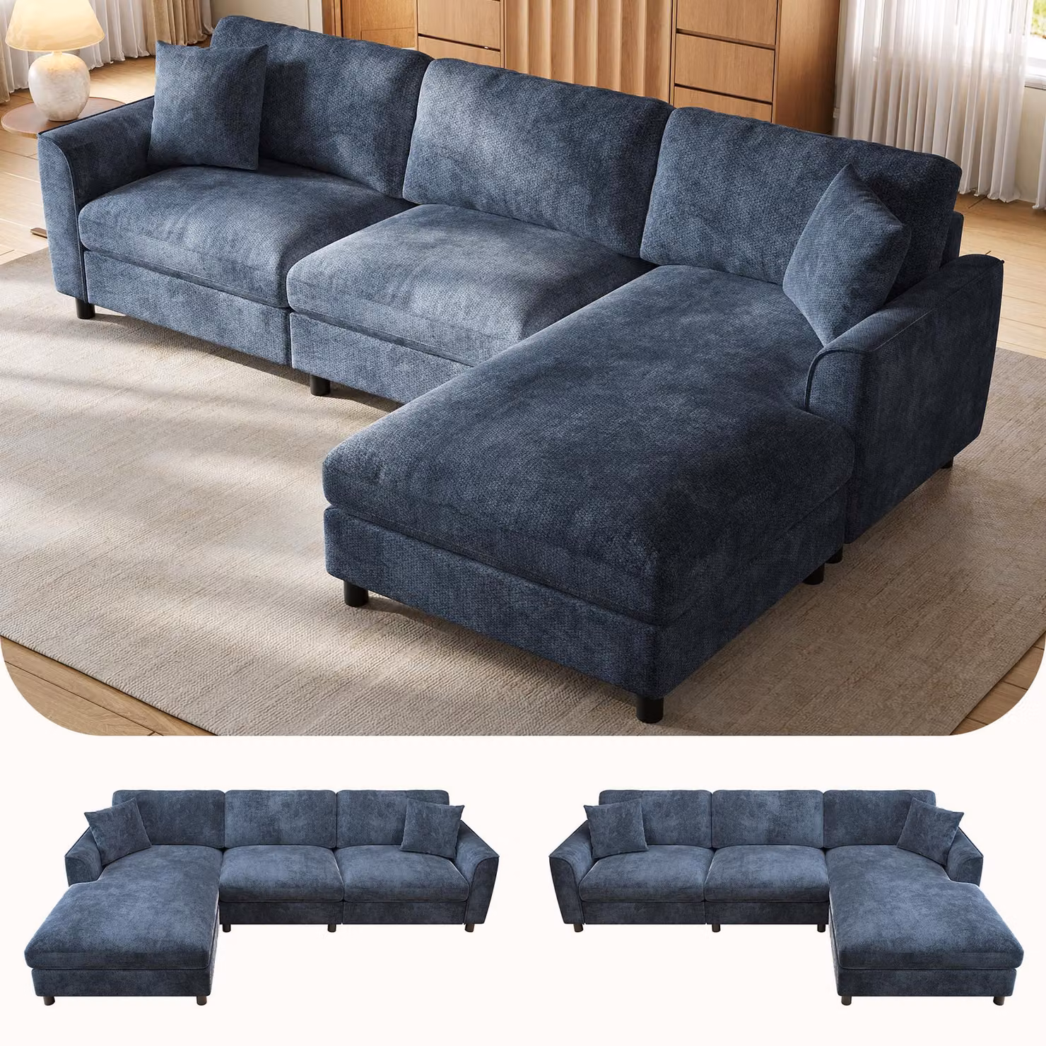 Divano angolare modello Cloud, 3 posti, con chaise longue regolabile, superficie di riposo di 90 cm di larghezza, modulare, dimensioni 256x137x79 (blu)