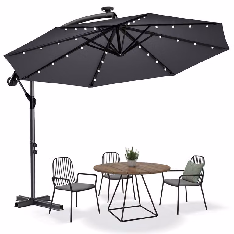 Ombrellone da giardino, diametro 300-350 cm, girevole, con manovella, protezione UV40+, resistente all'acqua, con luci LED solari, colore grigio scuro, completo di base a croce