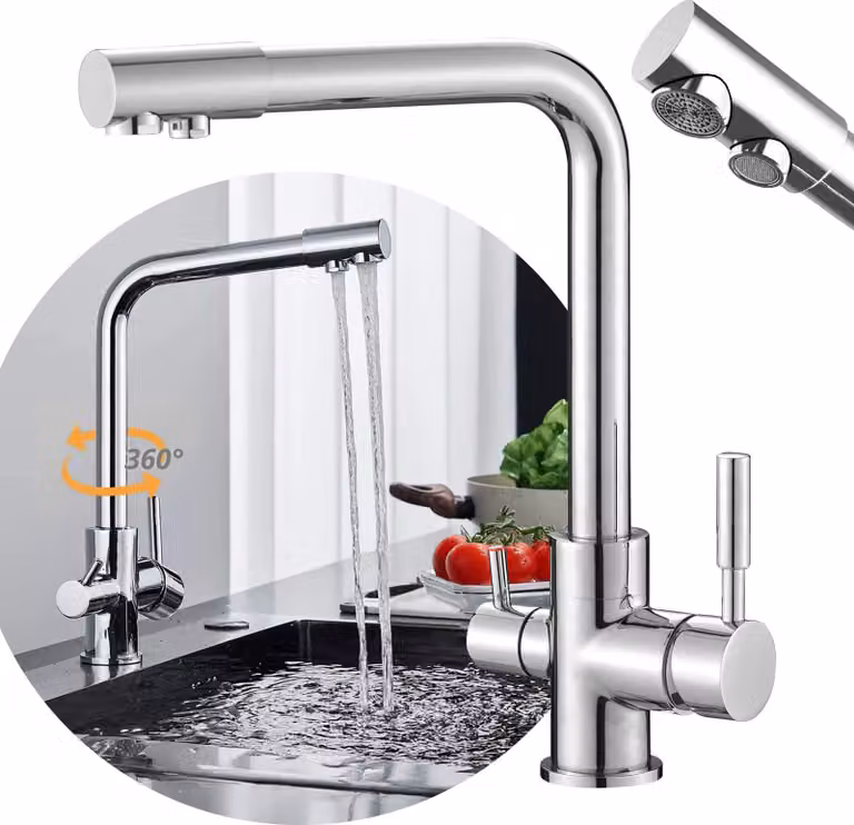 SIGO, rubinetto d'arresto a 3 vie, miscelatore da cucina, miscelatore, girevole a 360°, cromo