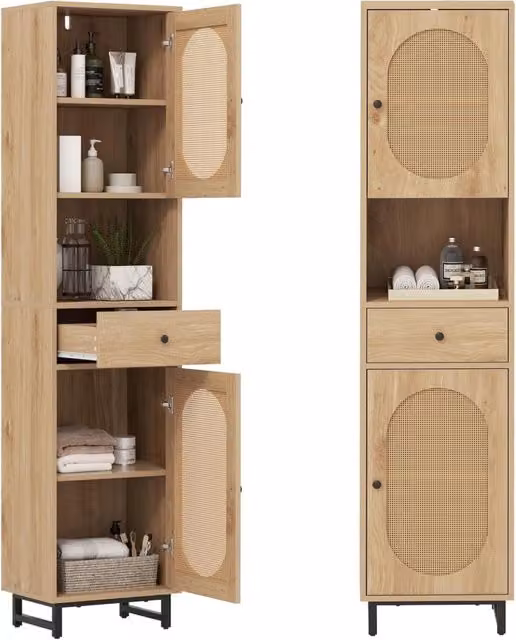 Mobiletto da Bagno e Armadio a Colonna COSTWAY con Ante in Rattan e Cassetto, Colore Beige, H 170 x L 40 x P 30 cm