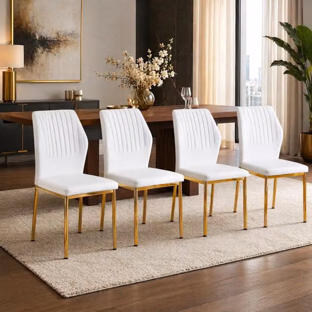 Set di 4 sedie da pranzo Mivray moderne con schienale in ecopelle bianca a righe e gambe in metallo dorato