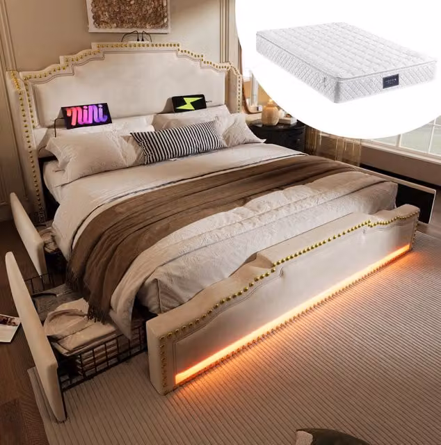 Letto imbottito 140x200 cm con 4 cassetti, illuminazione LED e porte USB-C, struttura in velluto beige con rete a doghe e materasso