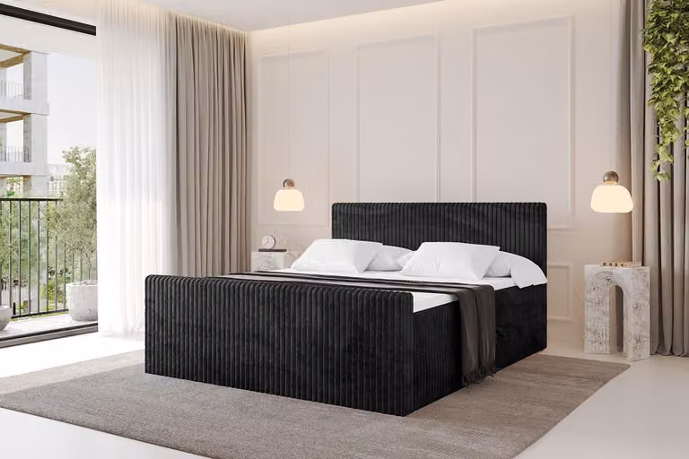 Letto boxspring ALTDECOR con pediera - TOLO-Z 160x200 Cord - Nero - Set completo con materasso a molle Bonell e topper, letto imbottito con materasso H3 e contenitori, rete a doghe, letto con contenitore, letto matrimoniale, letto box