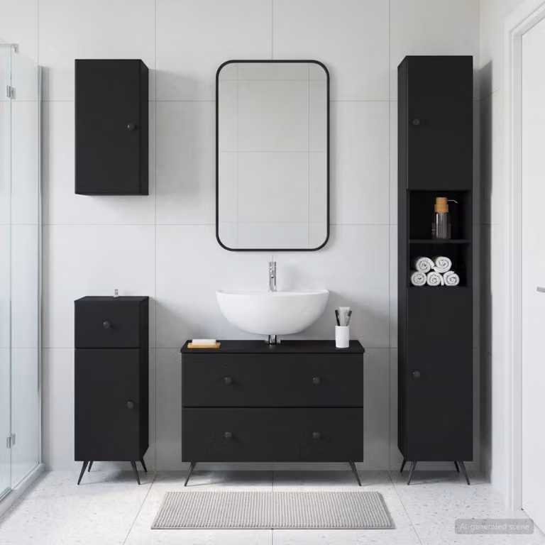 Set di mobili da bagno moderno vidaXL BREDA nero in 4 pezzi con base lavabo e pensili a muro L/P/H: 190 x 66,15 x 31 x 30 cm