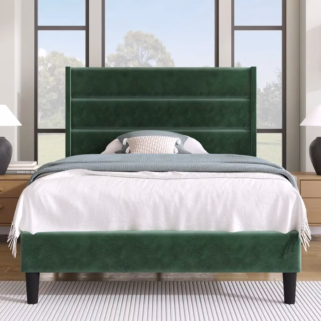 Letto singolo imbottito Cipacho in velluto verde scuro con testiera a listelli design moderno L/P/H: 209 x 90 x 113 cm – 2