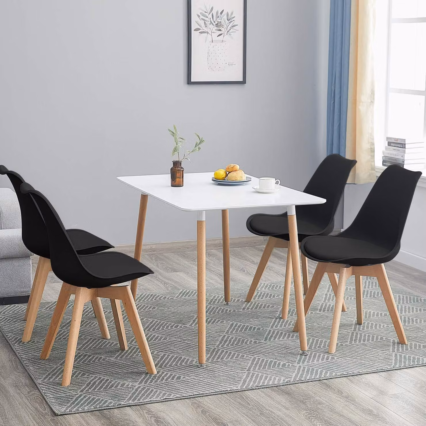 Set tavolo da pranzo rettangolare con 4 sedie, gambe in legno massello, colore nero, dimensioni 120x85x72 cm