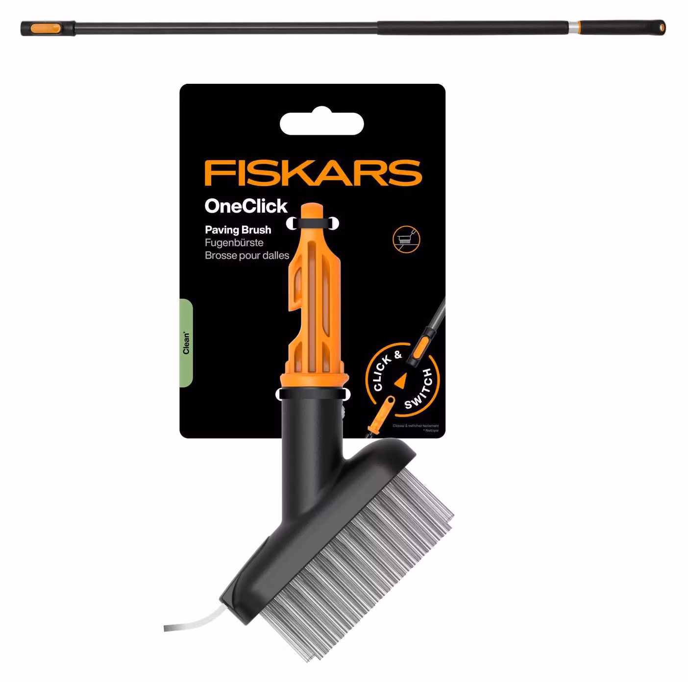 Testina per spazzola FISKARS ONECLICK per fessure di marciapiedi + manico, lunghezza 119-174 cm