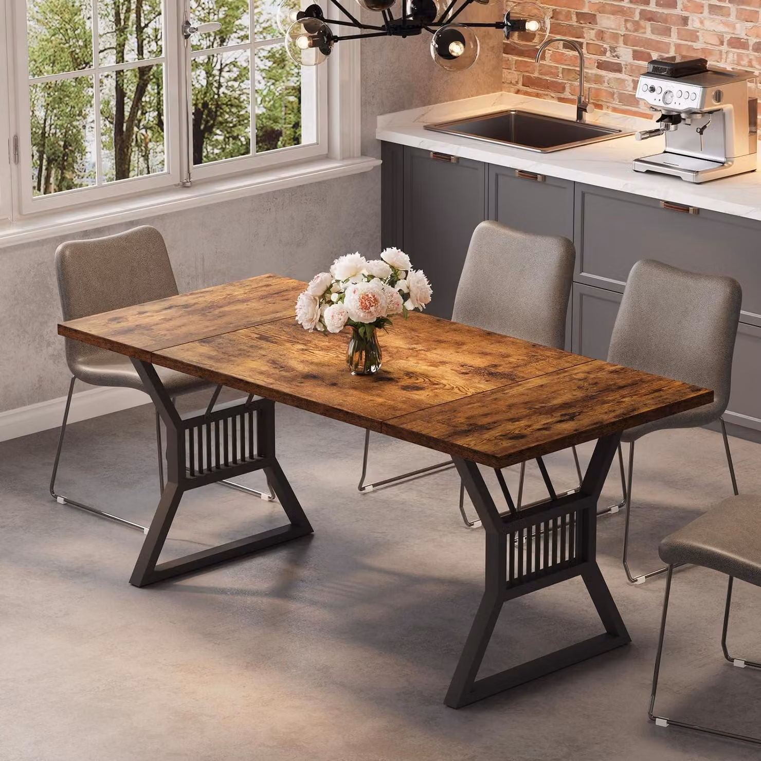 Tavolo da pranzo rettangolare, 180 cm, per 6-8 persone, tavolo da cucina robusto con gambe in metallo, stile retrò, colore nero