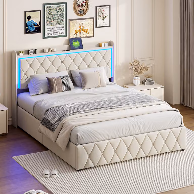 Letto con contenitore, 140 x 200 cm, letto imbottito con contenitore e connessione USB-C, illuminazione LED, velluto, beige