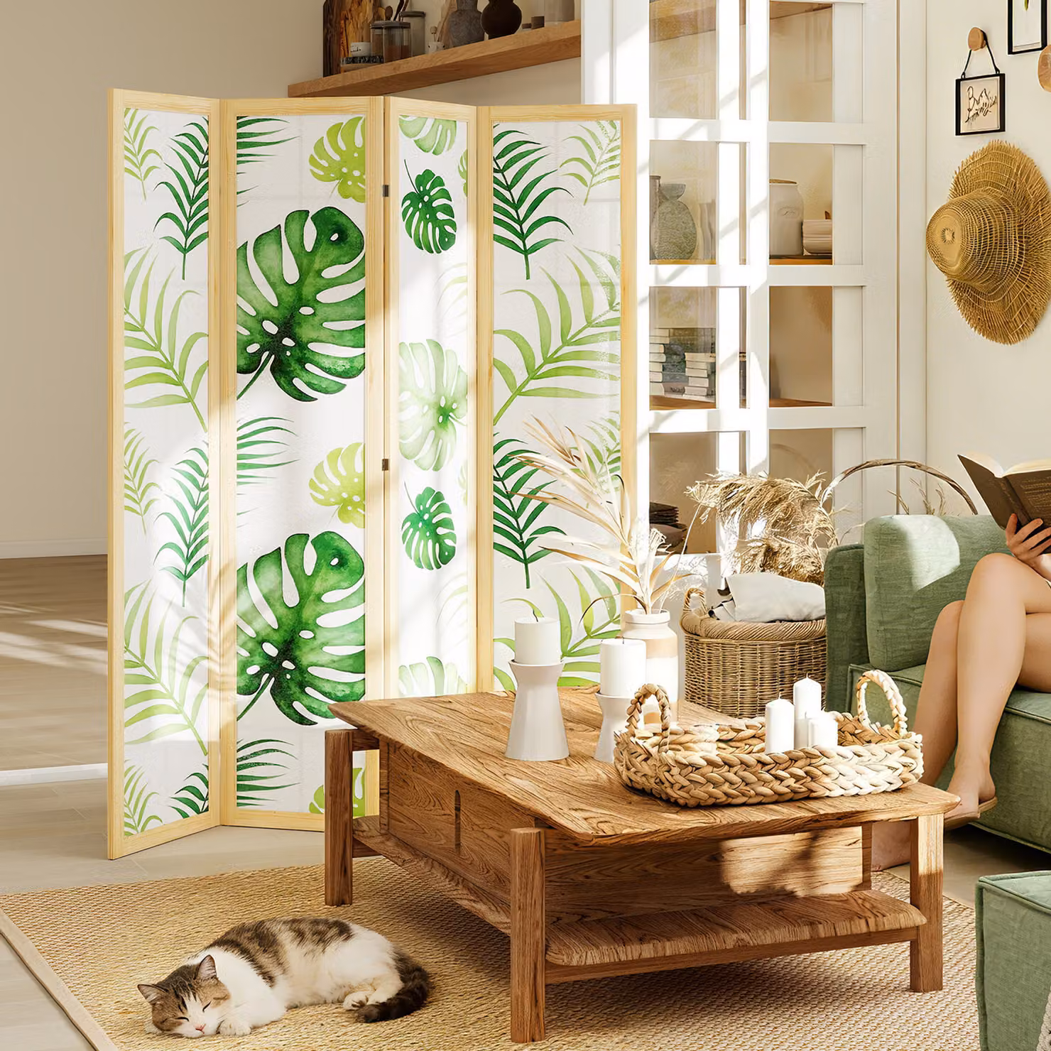 Divisorio Pieghevole HOMCOM a 4 Pannelli con Design Boho e Motivo Tropicale in Legno, Colore Verde – 2