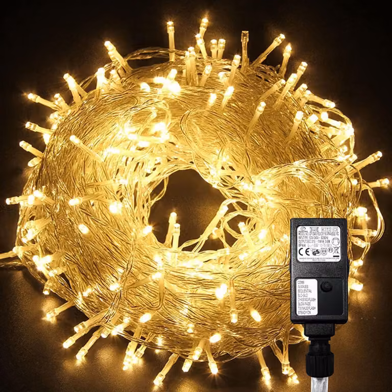 Catena luminosa a LED, 100 metri, 500 LED, luce bianco caldo, grado di protezione IP44, 8 modalità