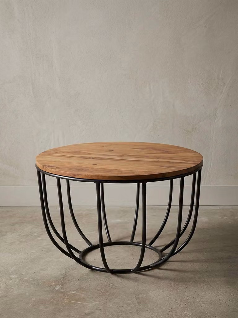 Tavolino WL5.677 60x39x60 cm Legno massello di sheesham / metallo Tavolino con cestello, tavolino di design, tavolino da salotto rotondo, tavolino da salotto industriale marrone, tavolino da caffè in legno massello per salotto