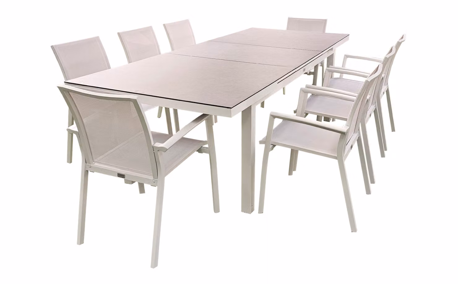 set 9 pezzi di mobili da giardino in alluminio bianco Tavolo allungabile 180-240 cm con 8 sedie impilabili