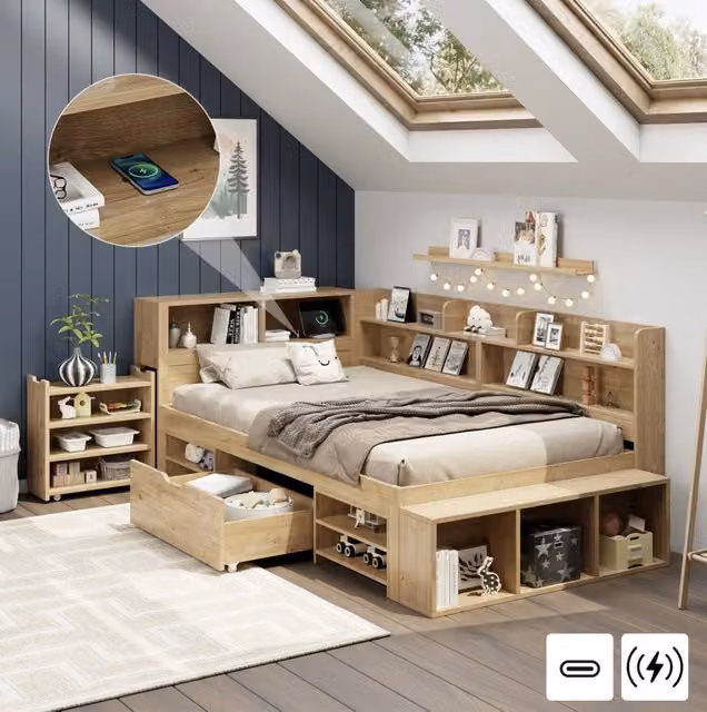 Letto 90x200 cm naturale – con contenitori e ricarica wireless, senza materasso
