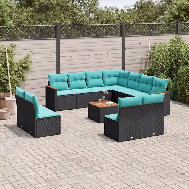 Set di Divani da Giardino a Forma di U vidaXL con Cuscini e Tavolino, Colore Blu e Nero, Struttura in Metallo e Polyrattan