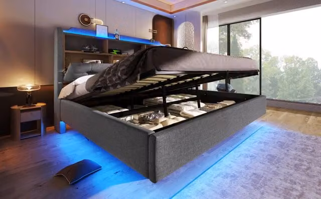 Letto matrimoniale imbottito in lino grigio 180×200 cm con contenitore idraulico, vano in testata, luci LED e porte USB e USB-C, senza materasso