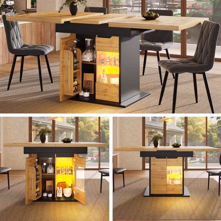 Tavolo da pranzo allungabile 110-140x80cm con controllo app LED e USB, tavolo da cucina nero/naturale con ante in vetro e ripiano snack
