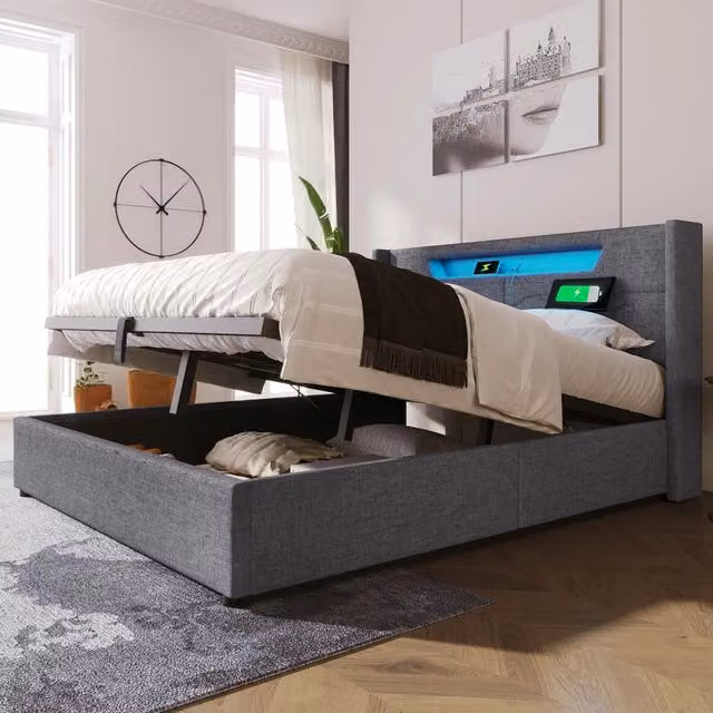 Letto imbottito matrimoniale contenitore con LED e rete a doghe ¨C Minimal ¨C 160x200 cm tessuto grigio con porta USB tipo C